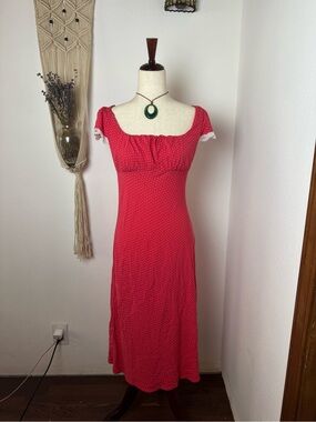 wild fable Red Polka Dot Midi Dress with Lace Trim